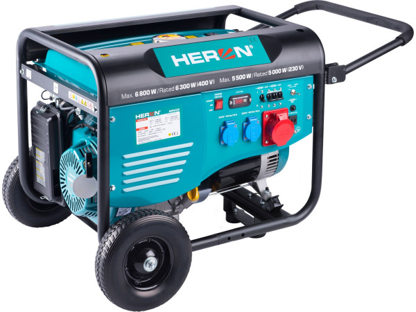 Heron 8896418 elektrocentrála benzínová 15HP/6,8kW (400V), 5,5kW (230V), podvozek