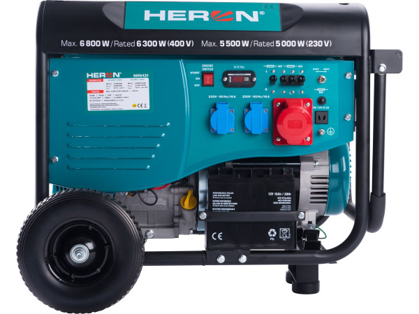 Heron 8896420 elektrocentrála benzínová 15HP/6,8kW (400V), 5,5kW (230V), elektrický start, podvozek 