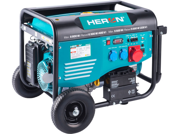 Heron 8896420 elektrocentrála benzínová 15HP/6,8kW (400V), 5,5kW (230V), elektrický start, podvozek 