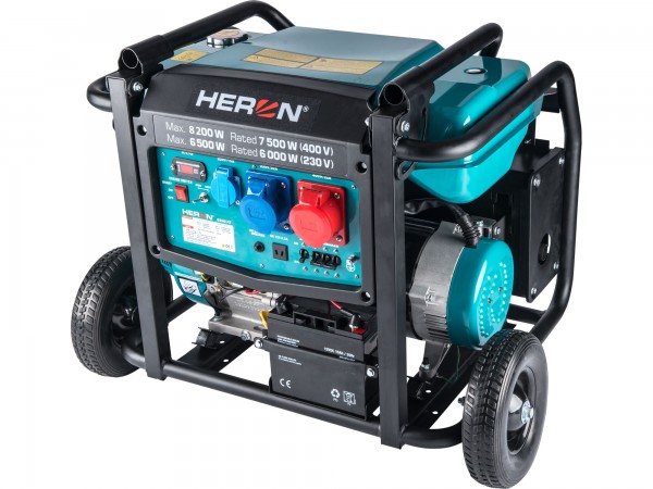 Heron 8896147 elektrocentrála benzínová 17HP/8,2kW/10,25kVA (400V), 6,5kW (230V), podvozek, elektrický start 